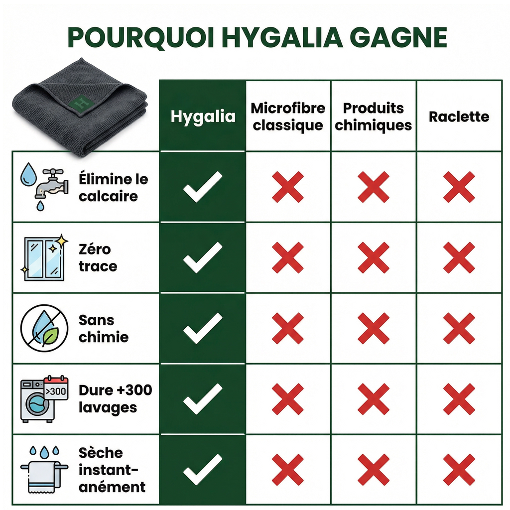 Hygalia — La Microfibre Anti-Calcaire Zéro Traces